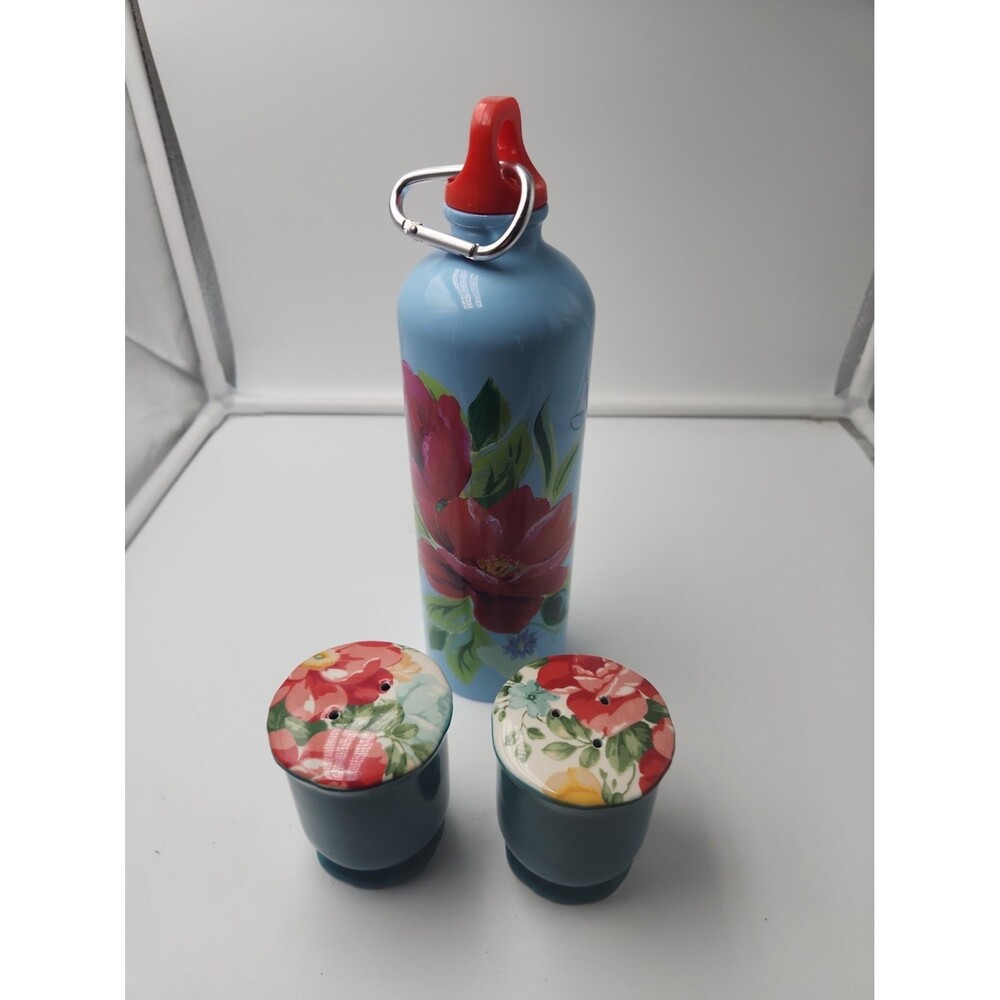 Pioneer Woman Salt & Pepper Shakers Vintage Floral Stoneware Teal Water Bottle